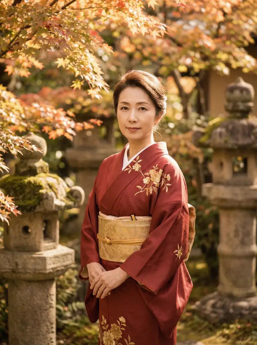 一位身穿暗红色和服的优雅 川岛志明 在日式庭院中